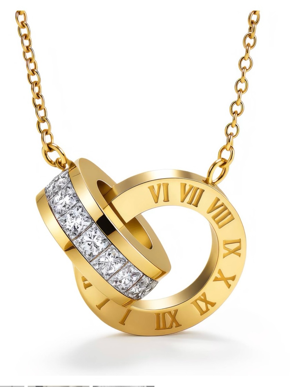 Gold Roman Numeral & Crystal Interlocking Pendant Necklace
